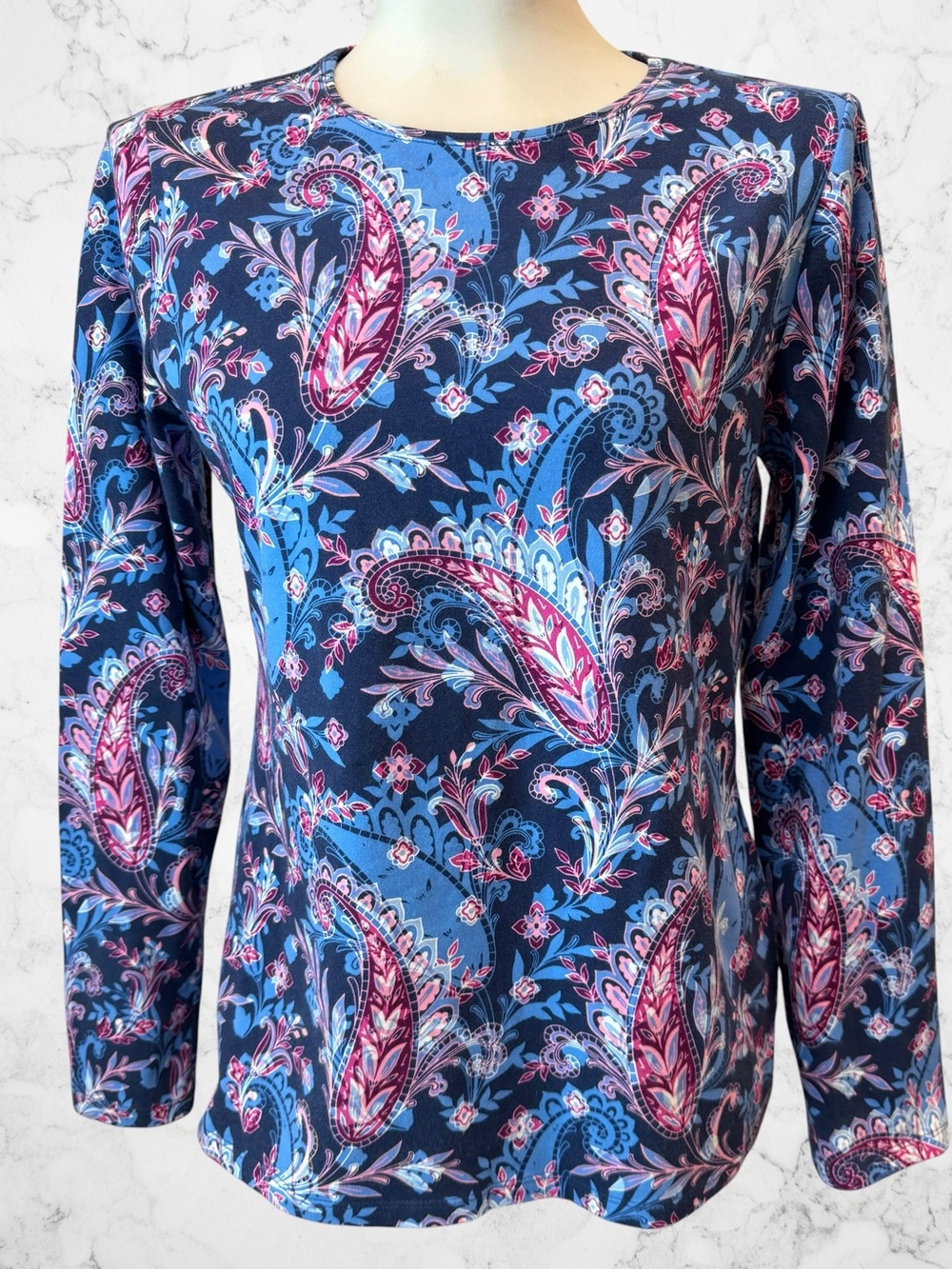 Talbots Women’s M Paisley Floral Long Sleeve Stretch Cotton Tee Navy Pink Blue